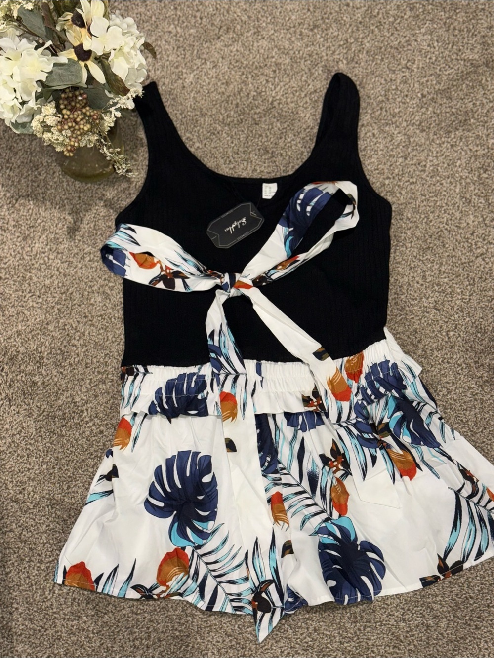 Women's Tropical Print Short Notch V Neck Sleeveless Boho Romper with Belt